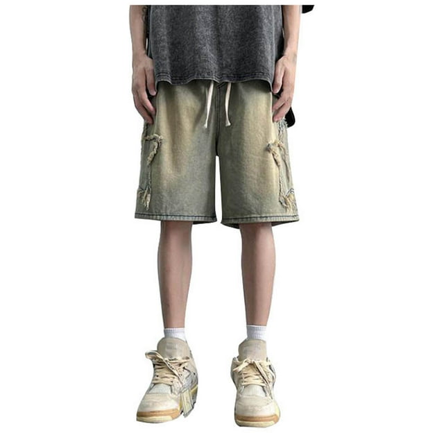 Casual Shorts Men Denim Shorts Design Hop Everything Pull Rope Straight Leg Bermuda Short Chino Homme Yellow XL