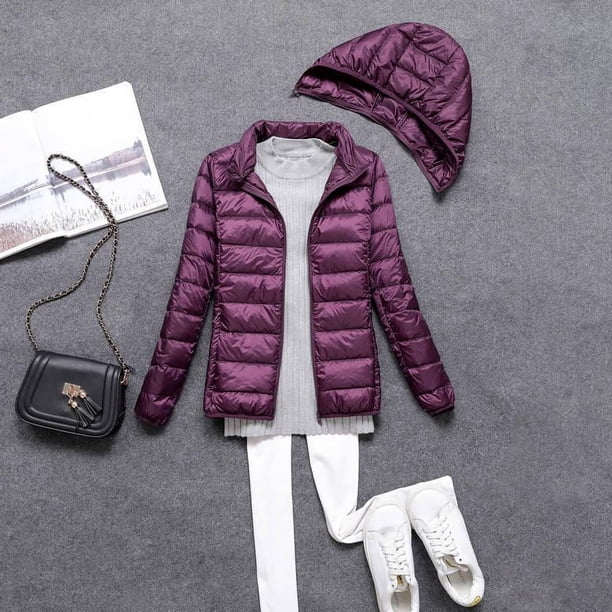 Chaqueta de plumón ligera con capucha y cremallera desmontable para mujer, abrigo corto ultrafino de otoño e invierno