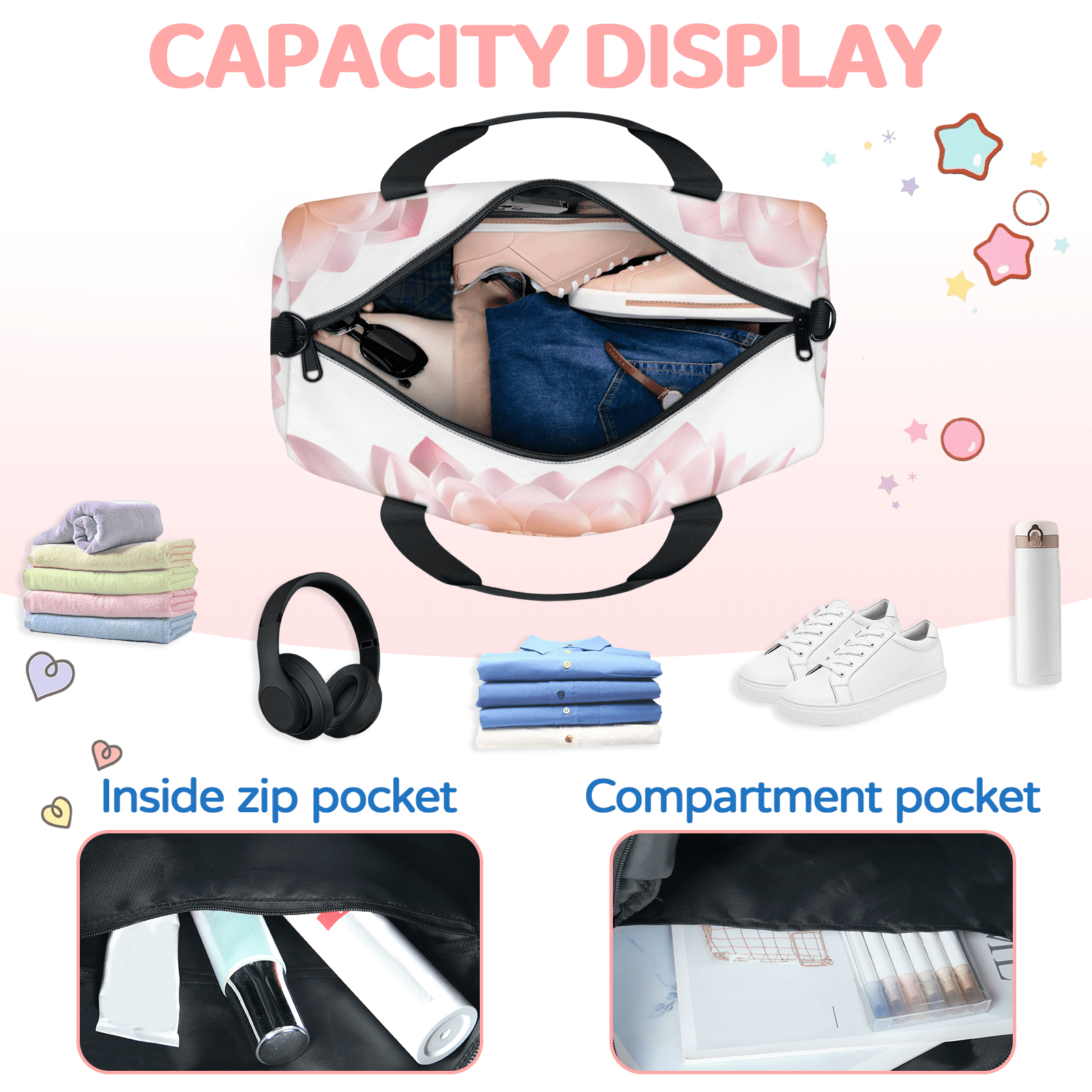 Herdesigns Lotus Travel Duffle Bag Sports Yoga Weekender Overnight Carry on Workout Bags Lightweight Waterproof Gym Tote Bag for Women Pink Floral