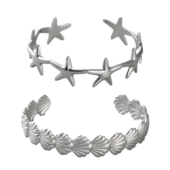 2 Pcs Starfish and Shell Bracelets Stainless Steel Silver Bangles Summer Beach Style Open Wrist Arm Cuff Bracelets for Women and Men