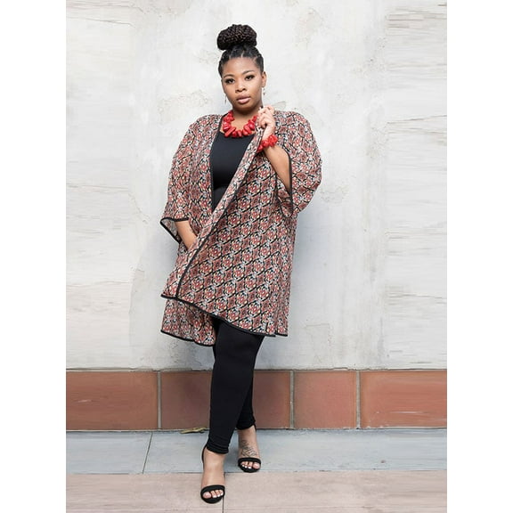 Plus Size Red/Yellow/Black Mid-Sleeve Short Kimono Duster
