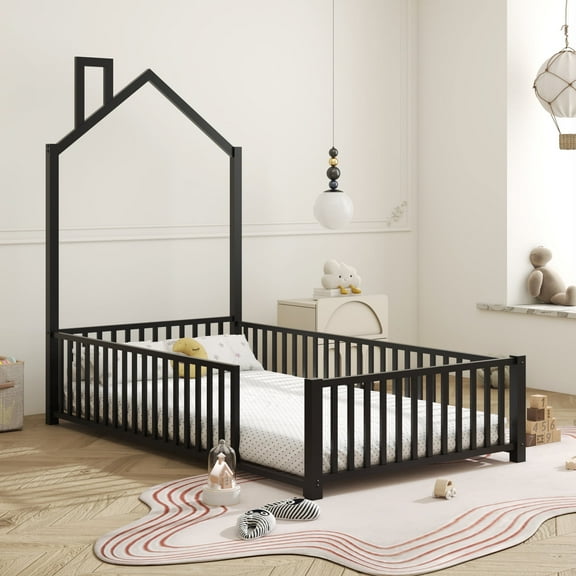 MODERNLUXE Twin Size Platform Bed Frame, House Floor Bed with Guardrail and Chimney, Black