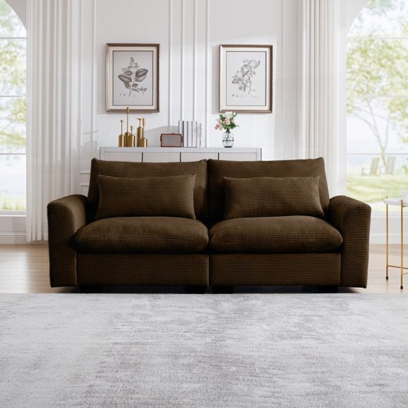 Brown 2-Seater Corduroy Fabric Sofa for Apartment - Features 10 Combinations & Super Comfort