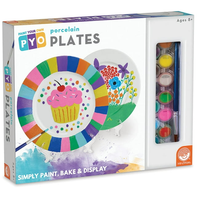 Paint-Your-Own Porcelain Plates by MindWare, a DIY painting kit for kids aged 8 and up. The set includes two porcelain plates, 12 multicolour paints, two paint brushes, and two clear plate stands. The packaging showcases two painted plates with vibrant designs, including a cupcake and floral patterns, along with the included paint set and brushes. Instructions for techniques like colour mixing and sponging are provided. Ideal for creating decorative display pieces or personalized gifts.