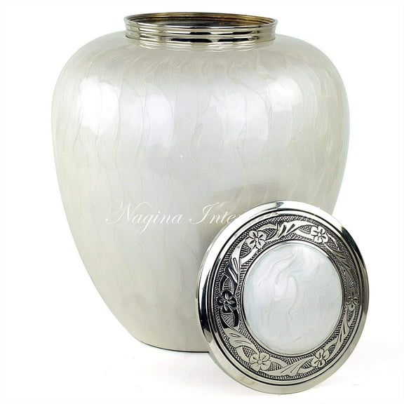 9.5" White Aluminum Metal Cremation Urns for Ashes & Mortal Remains with Nickel Silver Engraved Lid | Handmade Beautiful Urns for Humans and Pets (Finny White)