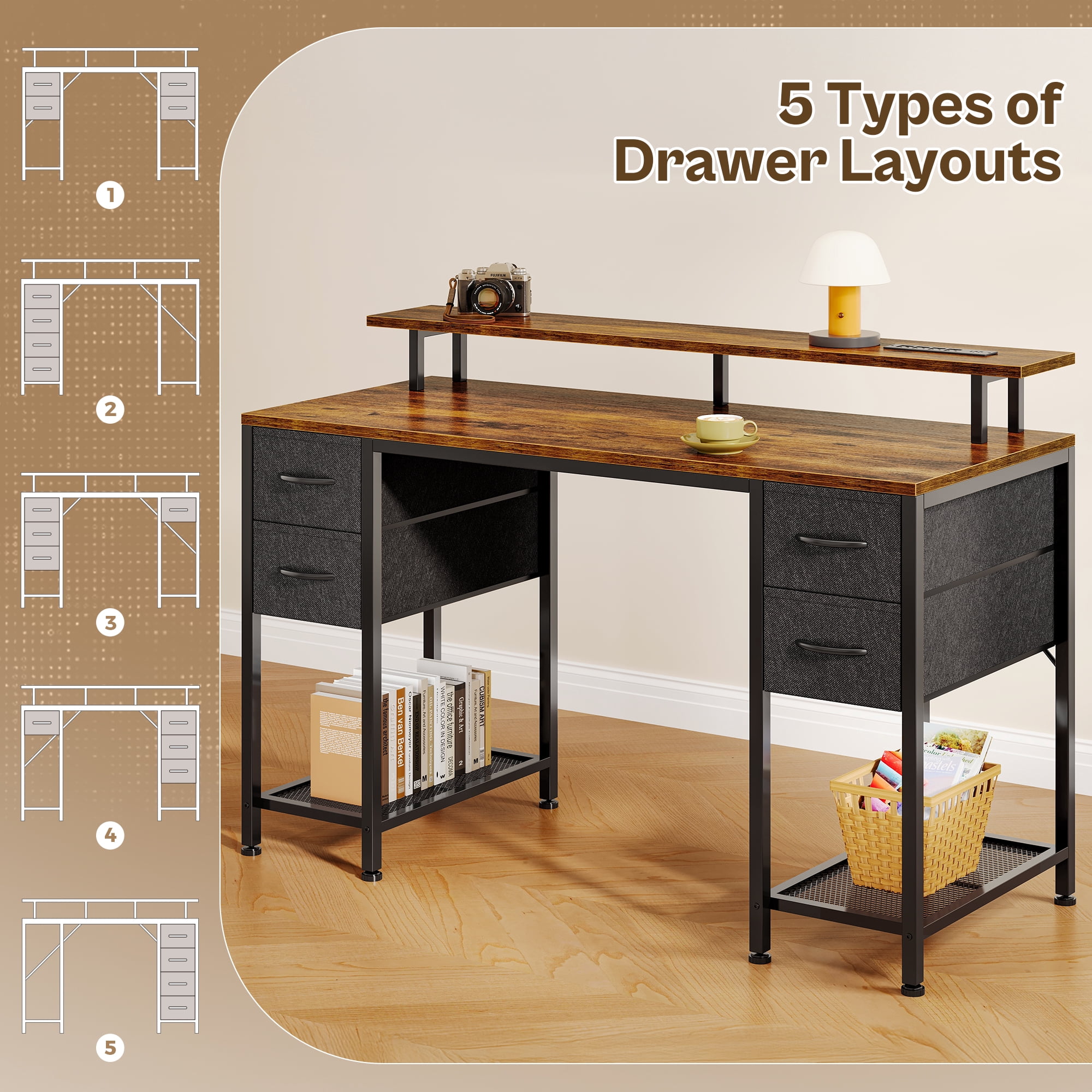 Amadwell 47" Gaming Computer Desk with LED Lights, Power Outlets, Home Office Writing Desk with 4 Drawers, Rustic Brown