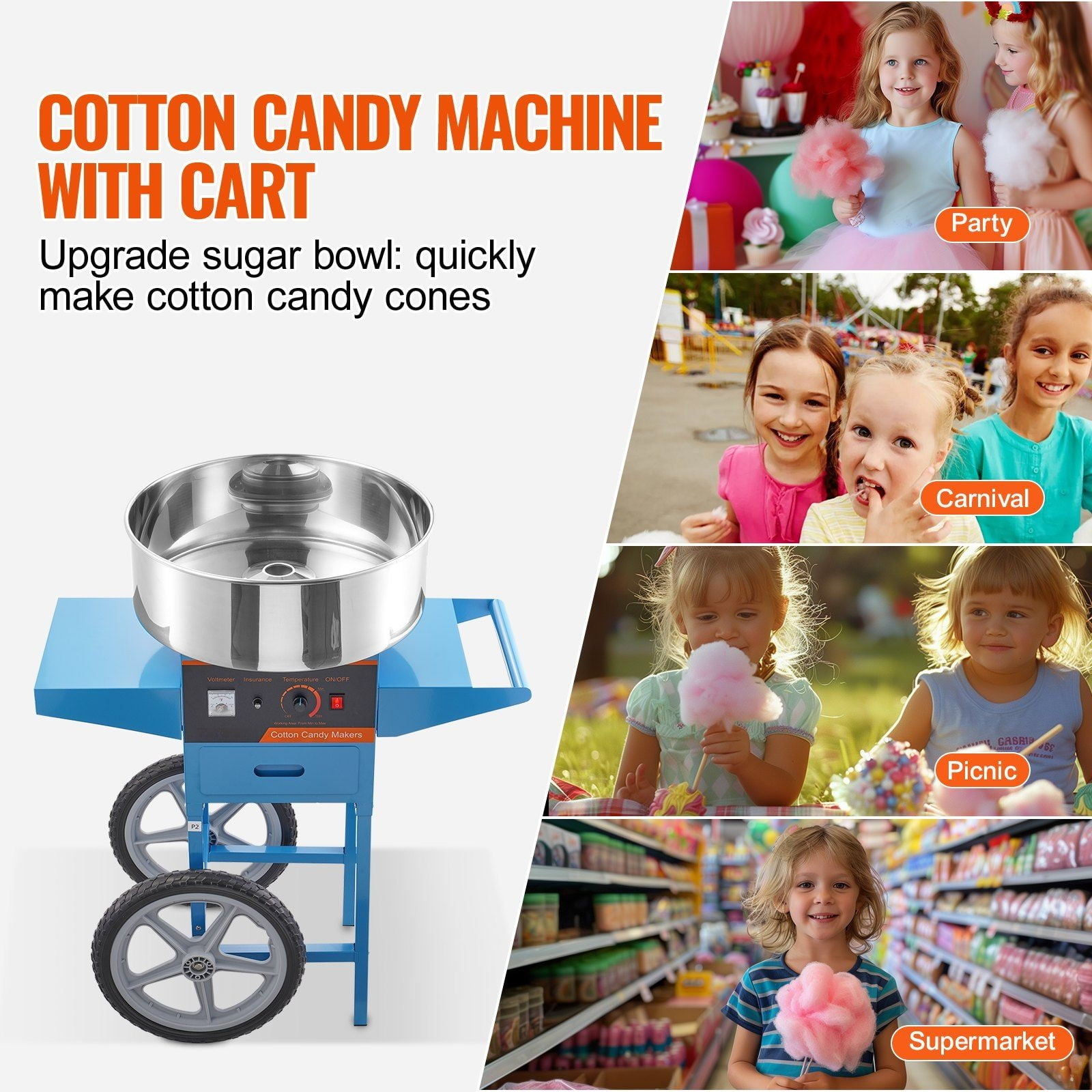 Cotton Candy Machine Commercial, 1000W Electric Candy Floss Maker with Cart, Stainless Steel Bowl, Sugar Scoop, Blue - for Parties & Events