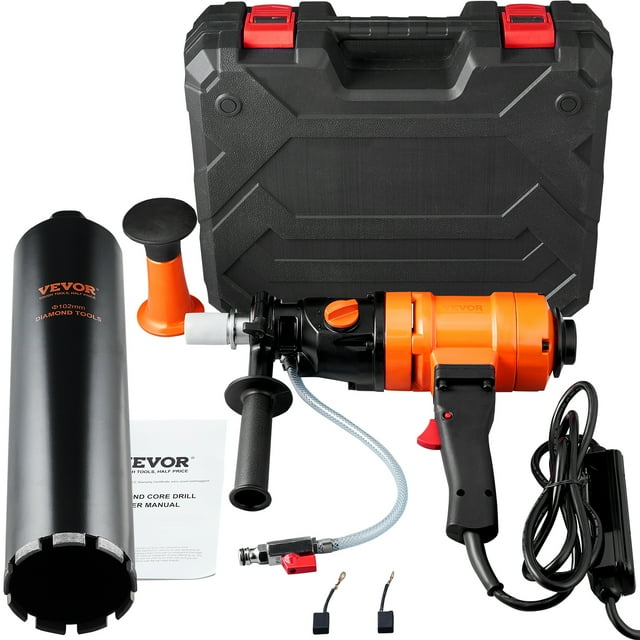 VEVOR Diamond Core Drilling Machine, 4in Handheld Wet Concrete Core Drill Rig, 1100-2400RPM Two Speed & 1-1/4" Thread & 2 Bubble Levels, 3-4in Drilling Diameter for Concrete Brick Block Stone, 1500W