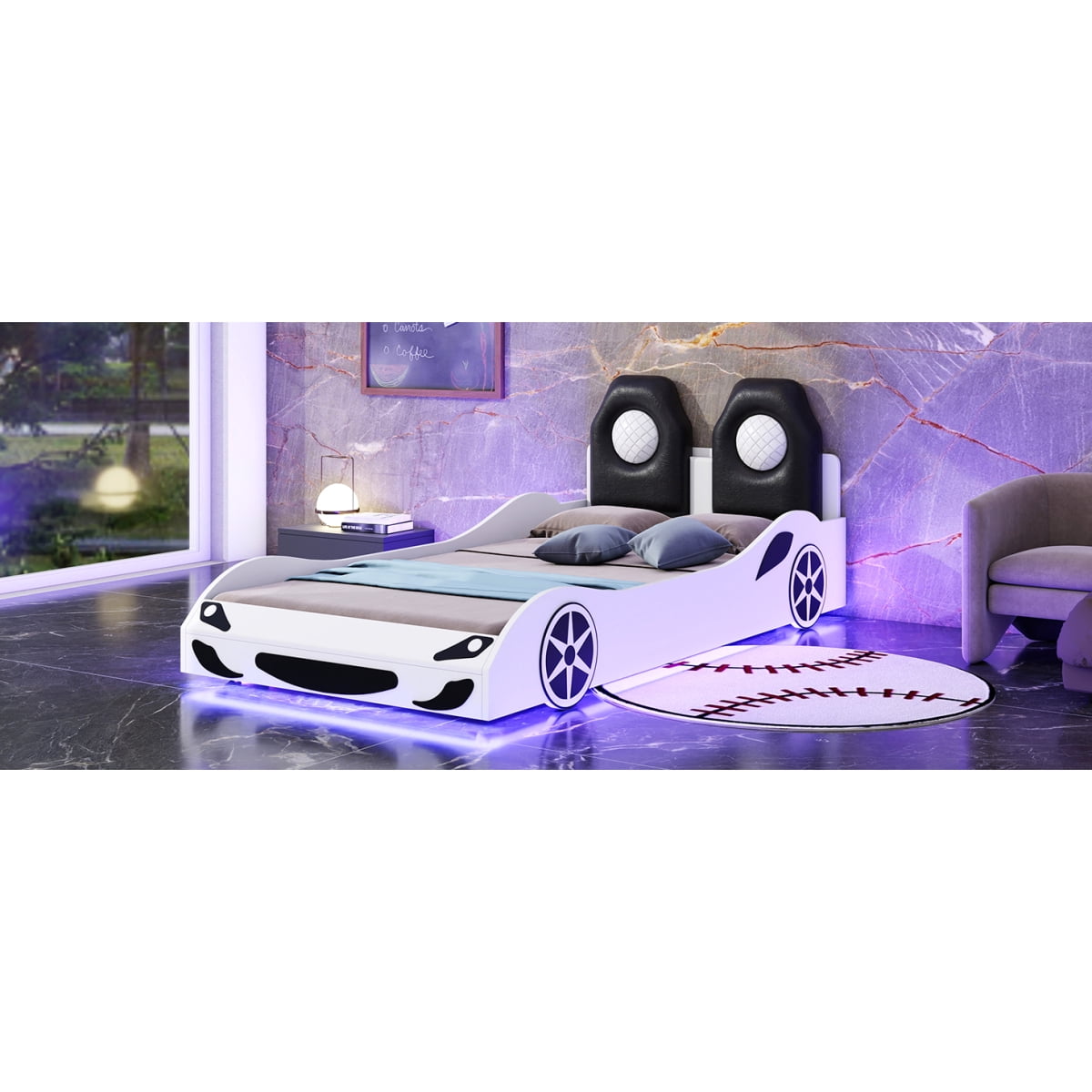 Wood Twin Size Race Car-Shaped Platform Bed with LED and Upholstered Backrest, White    RR
