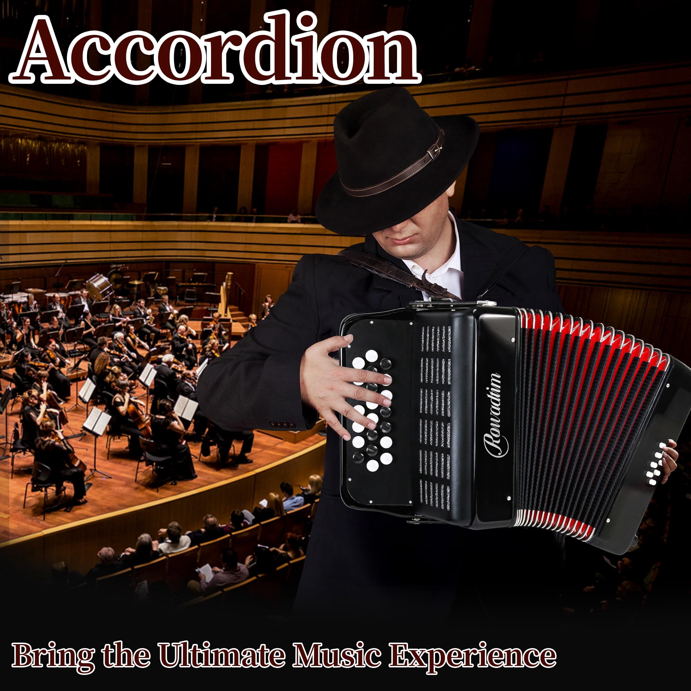 Rowadtim 22 Keys Accordion, 8 Bass Student Piano Accordions Suitable for Beginners and Students; Lightweight and Portable,with Backpack and Adjustable Straps (Black)