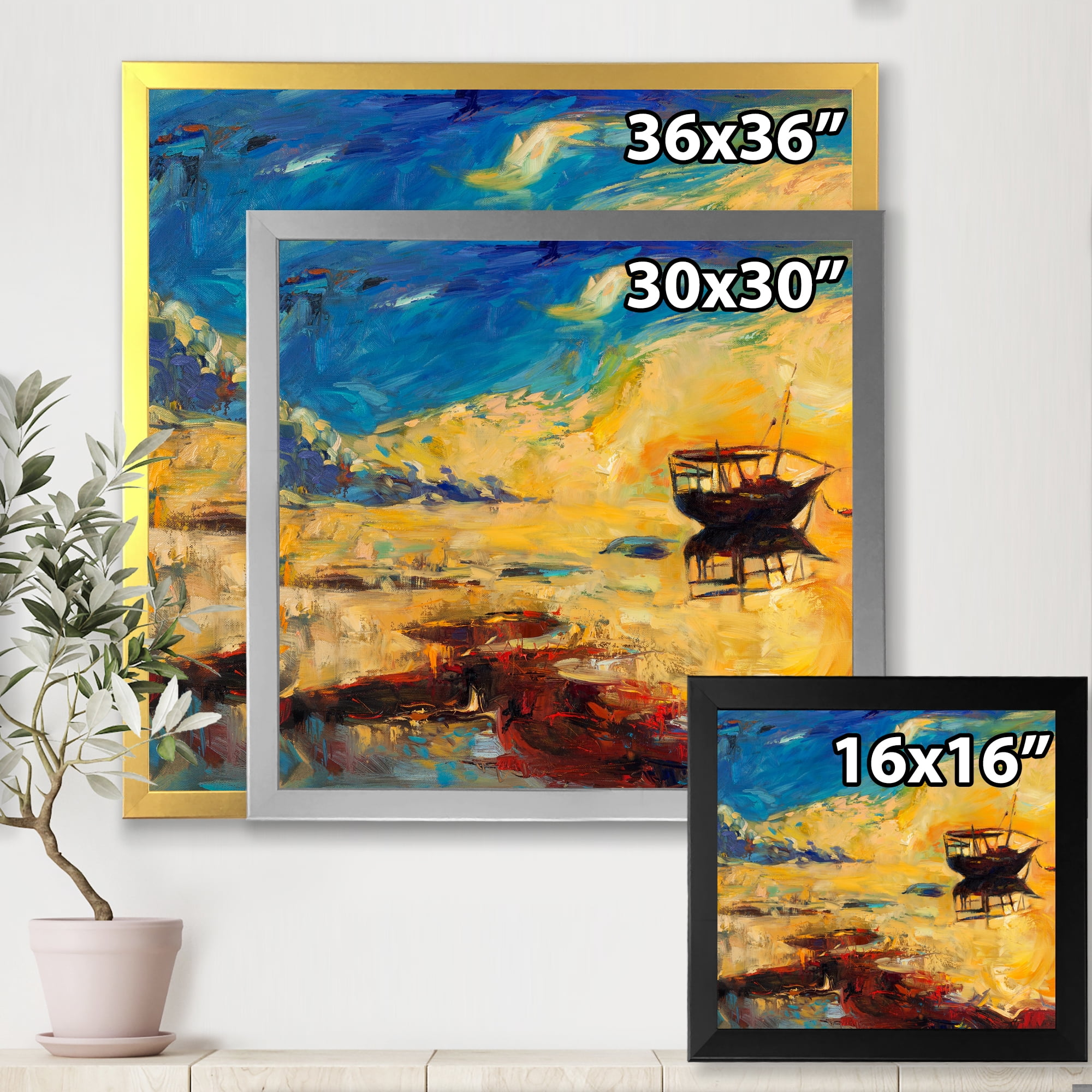 Abstract Boat At The Ocean Horizon During Sunset 16 in x 16 in Framed Painting Canvas Art Print, by Designart