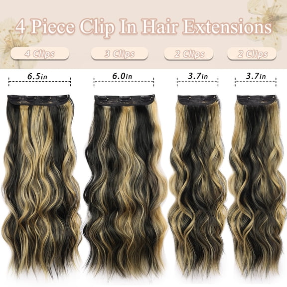 WEIF-Clip in Synthetic Hair Extensions 22 Inch Long Wavy 4PCS Thick Hairpieces Fiber Double Weft Hair Extensions for Women # Black mix Strawberry Blonde