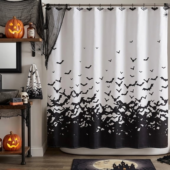 72x72in Black White Flying Bat Shower Curtain for Halloween Bathroom