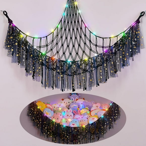 Stuffed Animal Net or Hammock with LED Light Stuffed Toy Hammock Net Hanging Stuffed Animal Storage Organizer Holder Room Décor with Tassels for Nursery Play Room Kids Bedroom (Pink)