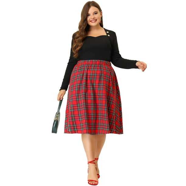 Plus Size Velvet Skirts for Women a Line Knee Length Plaid Print Flare Skirt Red 1X