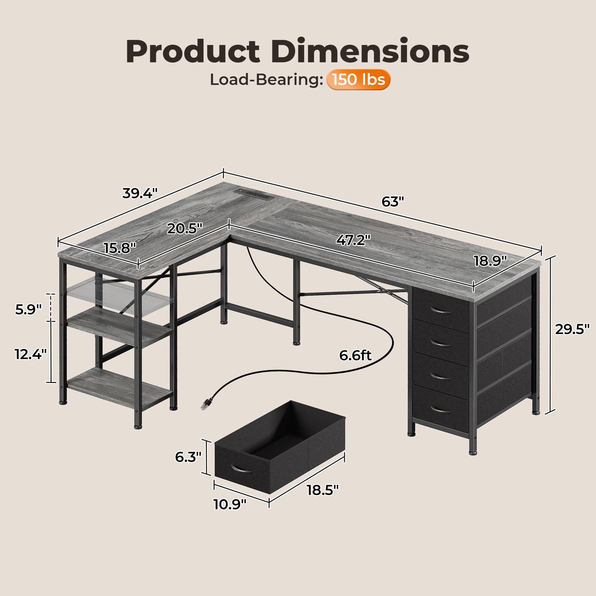 63 Inch L-Shaped Desk with Fabric Drawers, Reversible Home Office & Gaming Desk with Power Outlets, USB-C, and Adjustable Storage Shelves