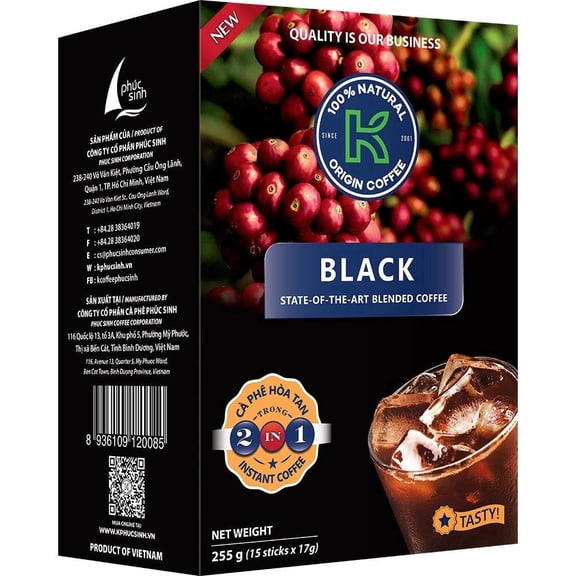 Phuc Sinh K Coffee Black 2 in1 Vietnamese Instant, Sweetened Coffee 9 oz., 15 Packets