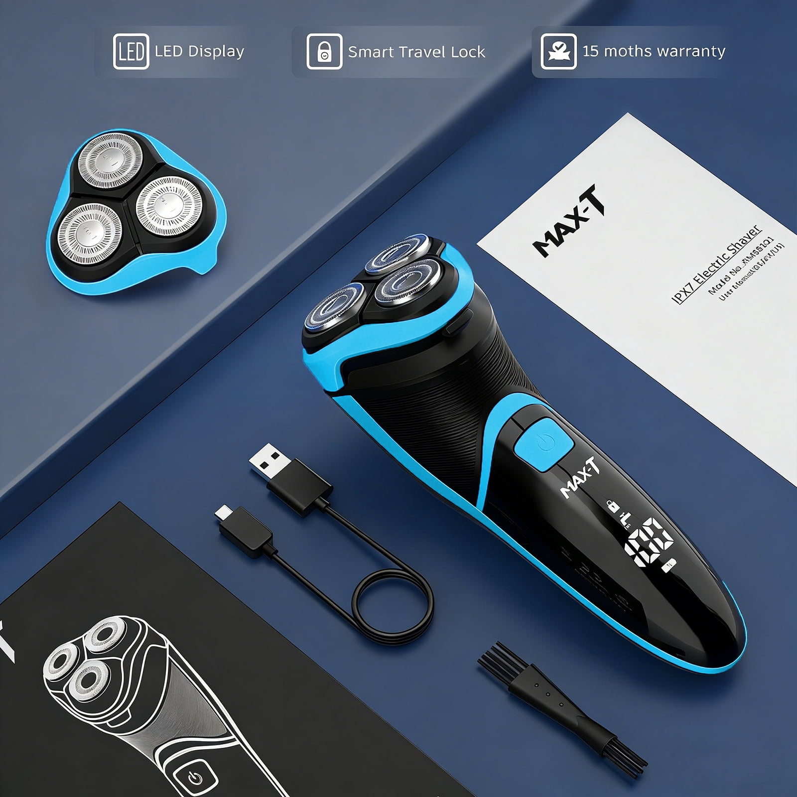 MAX-T Electric Razor for Men, USB-C Fast Charge 1H/120Min, IPX7 Waterproof Wet Dry, Pop-Up Beard Trimmer, 3D Floating Head, LED Display, Gift for Men, Blue