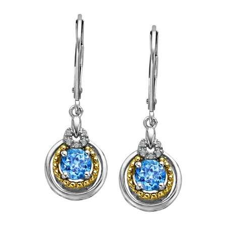 Duet 1 1/4 ct Natural Swiss Blue Topaz Drop Earrings with Diamonds in Sterling Silver and 14kt Gold