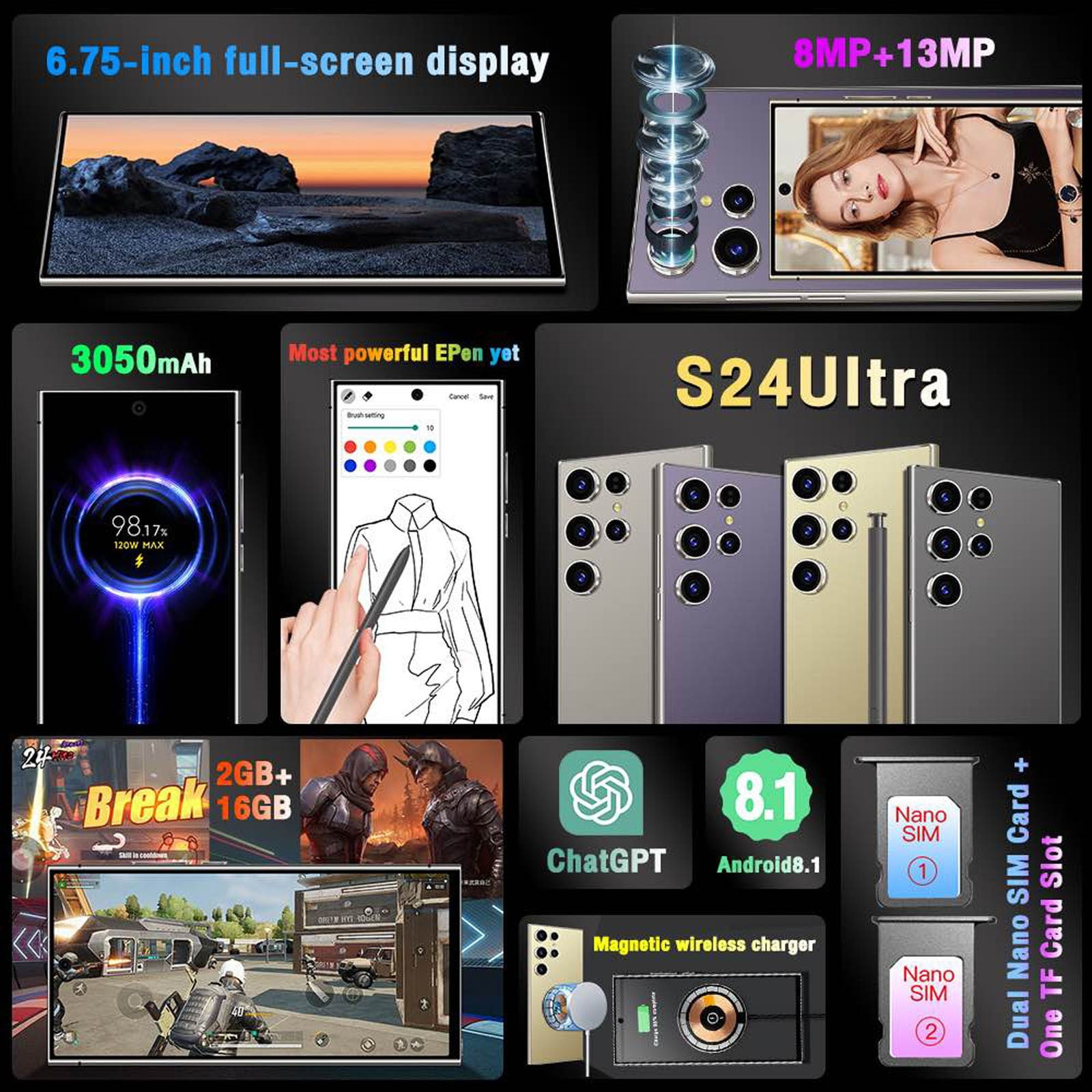 FYTPOV Android Phone, Smartphone With Android Memory 2GB+16GB 6.75Inches 3G MTK6580P Quad-Core CPU Front Camera8MP + Rear Camera13MP, Cell Phones Unlocked