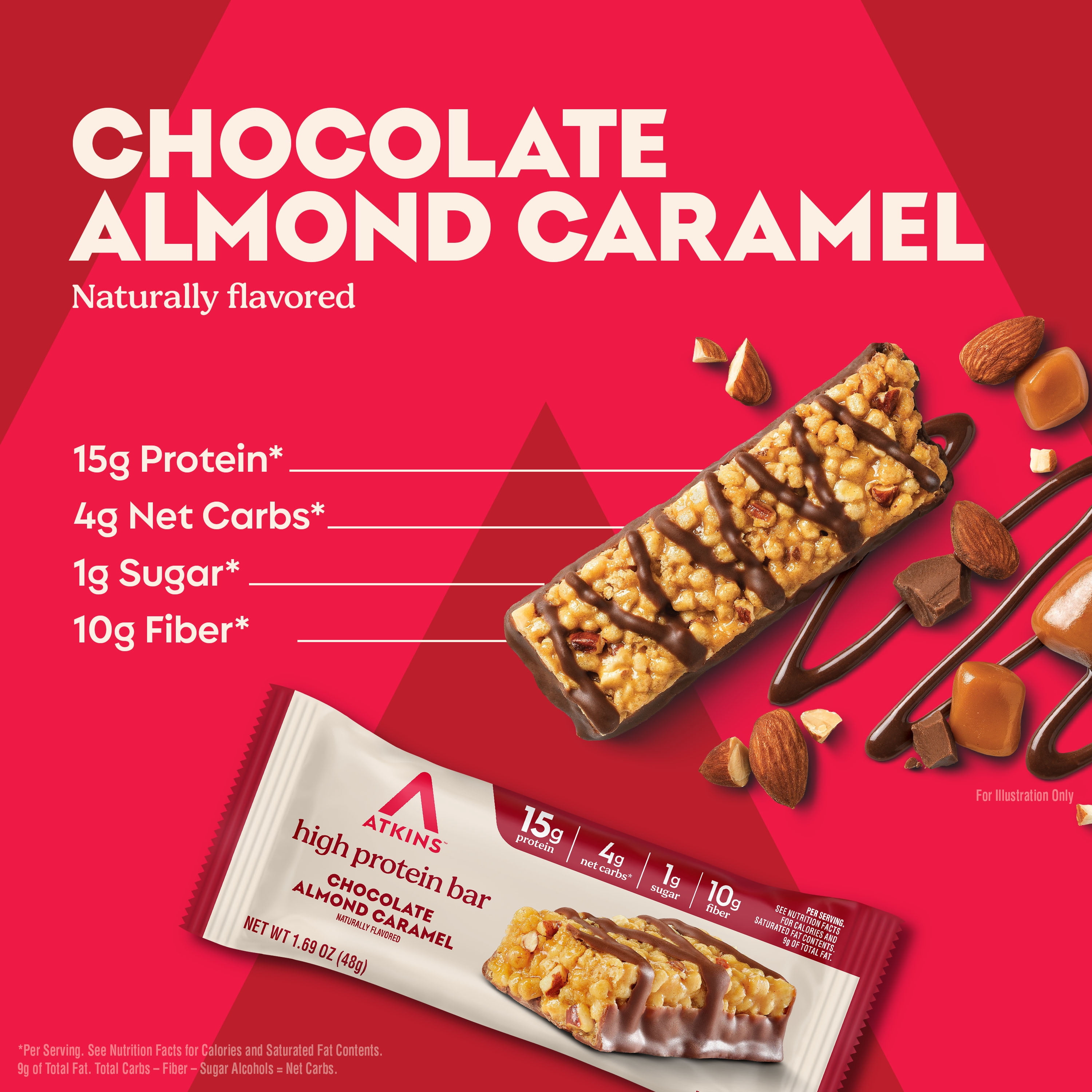 Atkins High Protein Bars, Chocolate Almond Caramel Flavored, 15g Protein, Low Sugar, Keto Friendly, Fiber Snacks, 4 Count
