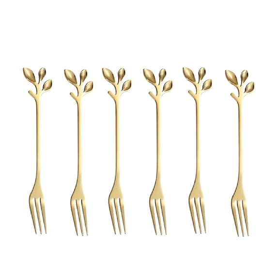 6 Pieces Gold Stainless Steel Leaf Design Cake Fork Set For Fruit Pastry Dessert Party TablewareGold1-12Cm