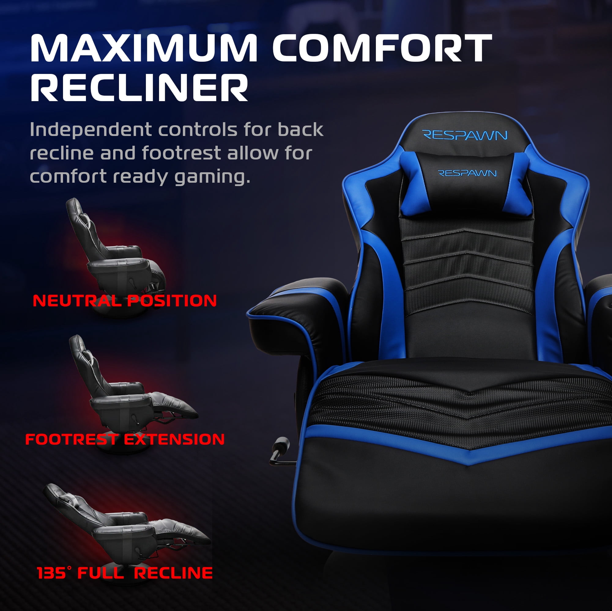 RESPAWN 900 Console Gaming Recliner with Footrest and Lumbar Support - Comfortable Ergonomic Gaming Chair with Headrest, No Wheels, Reclining, Heavy Duty, Racing Style Video Game Chairs - Blue