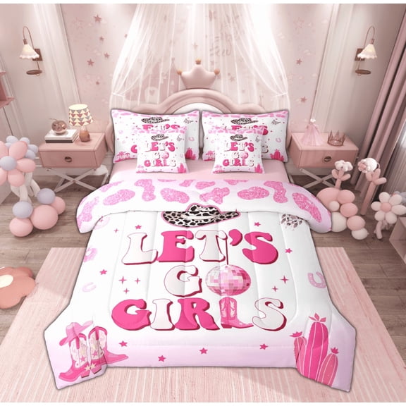 Feelyou Girly Pink Western Bedding Comforter Set 7 Pieces for Kids, Cowgirl Cowboy Full Bedding Set, Princess Cactus Boots Reversible Fitted Sheet Flat Sheet, Super Cozy Room Decor