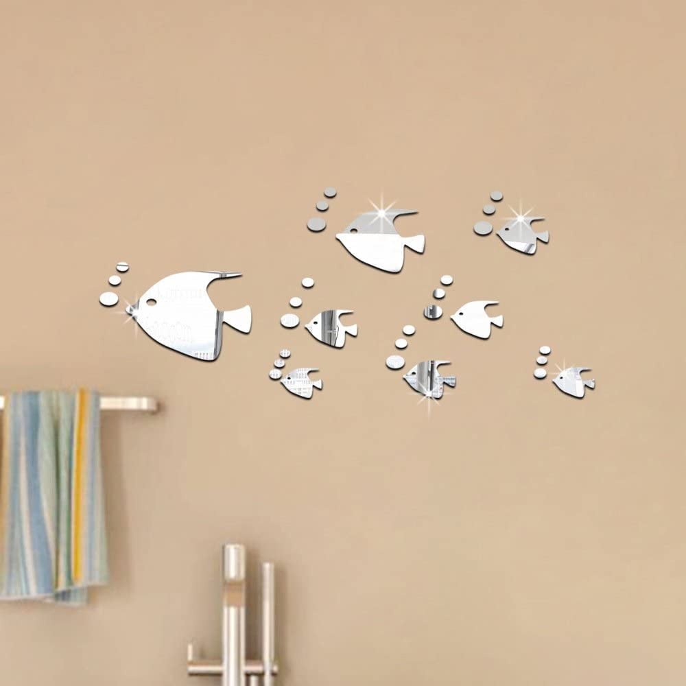8 Pieces 3D Tropical Fish Mirror Effect Wall Stickers Trendy Design Decal Art Home Decoration Silver