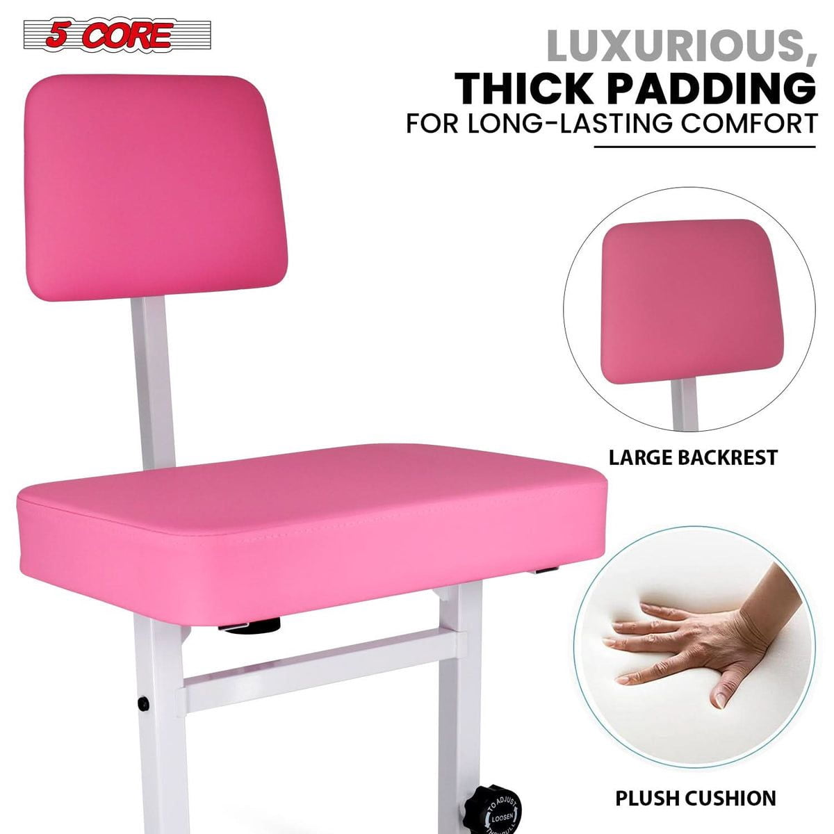 5 Core Piano Bench 3" Padded Cushioned Stool w Backrest Heavy Duty Musician Chair Height Adjustable