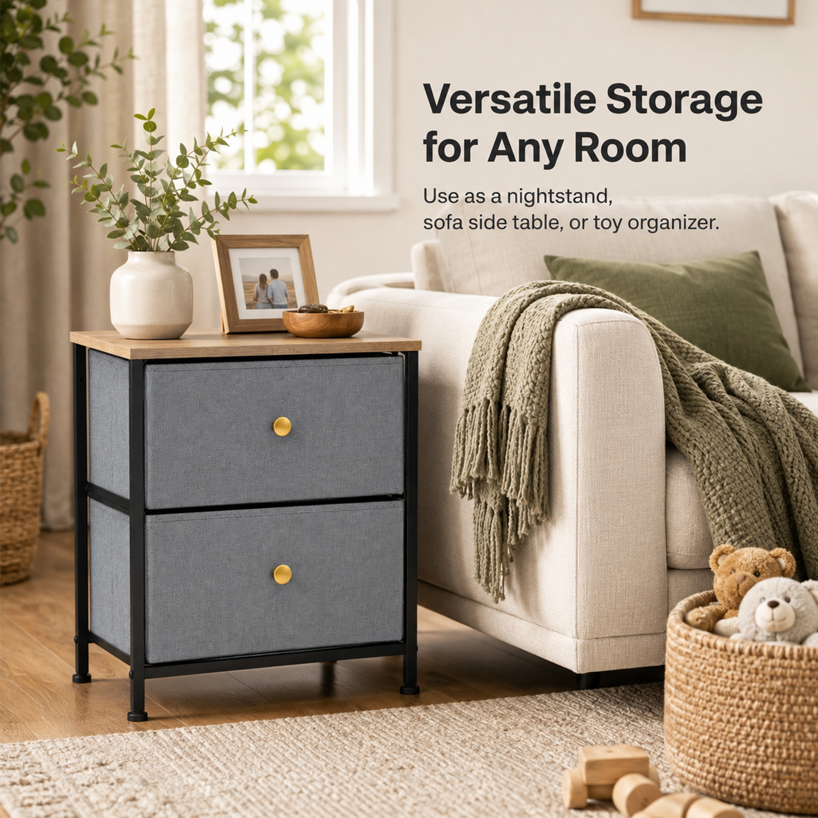 Alvantor Nightstand with 2 Storage Drawers, Small Bedside Table, Small Dresser with Sturdy Wooden Top for Daily Essentials, Compact Nightstand for Bedroom and Small Spaces