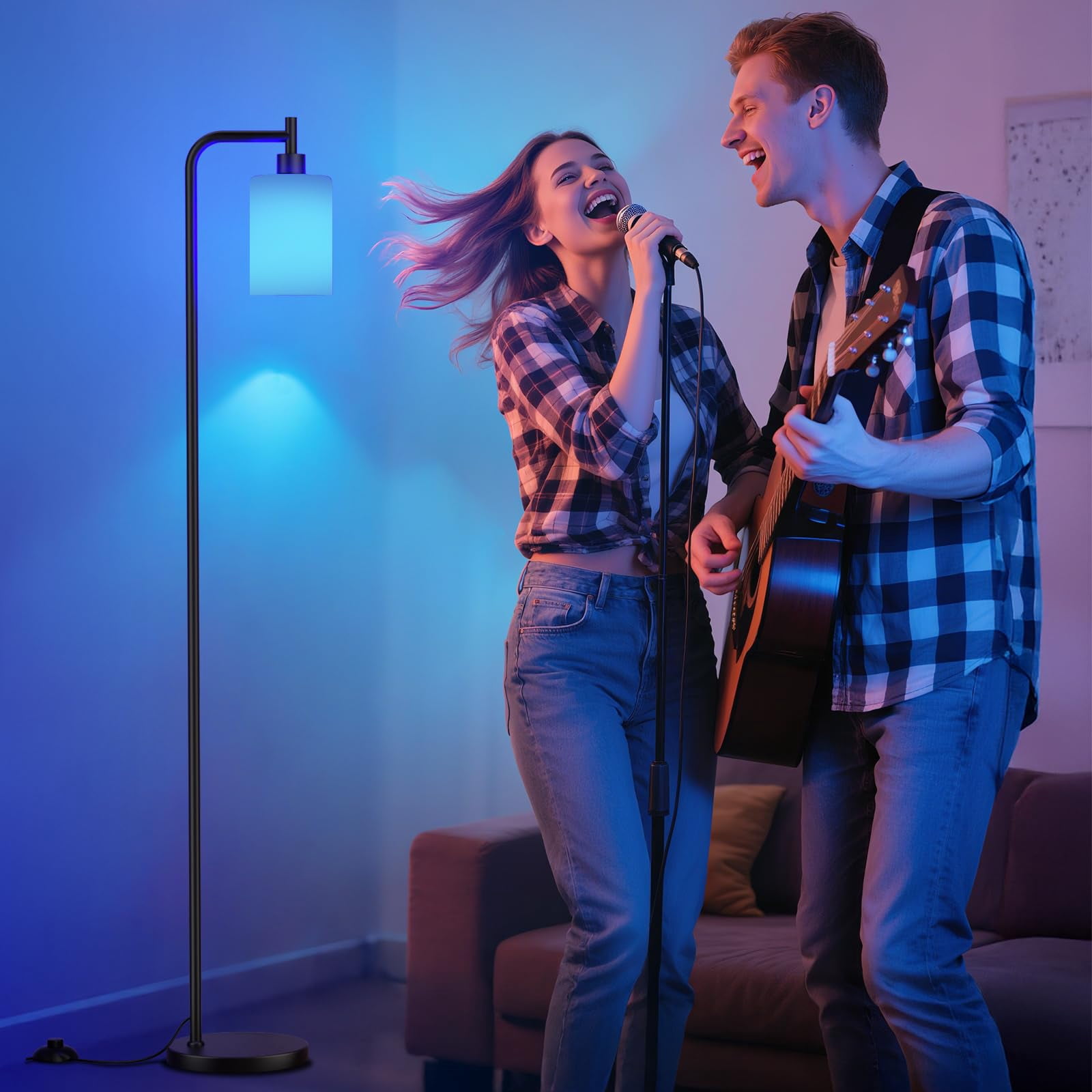 Rgb Floor Lamps For Living Room  Dimmable Industrial Standing Lamp With Remote Control Bedroom Office Corner 3 Colors Temperature White Glass Shade 9w Led Bulb