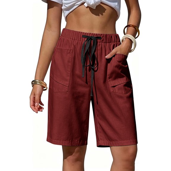 Cagogo Women Plus Size Bermuda Shorts Elastic Waist Casual Loose Shorts with Pockets Summer Drawstring Wide Leg Cropped Pants Lounge Beach Travel Trousers, Red 3XL