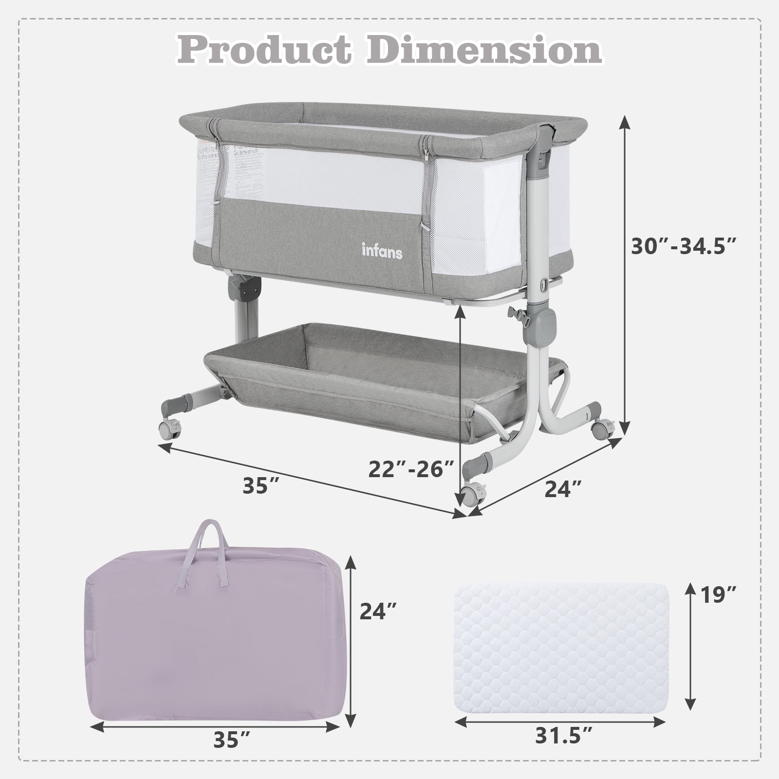 OLAKIDS 3-in-1 Baby Bassinet, Bedside Sleeper with Comfy Mattress, Wheels, 6-Height Adjustable, Storage Basket, Travel Bag, Portable Mesh Crib, Gray