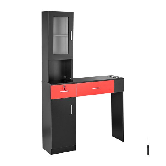 Wall-Mounted Salon Workstation with Locking Drawer - Black & Red Hair Styling Storage Cabinet with 3 Shelves for Spa & Beauty Professionals