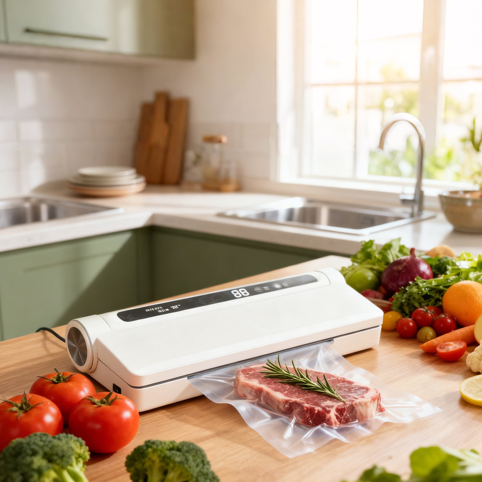 75Kpa Strong Suction Food Vacuum Sealer Machine With 20 Vacuum Seal Bags, Dry/Wet Modes & Digital Countdown Timer, Compact Lightweight For Home Kitchen, Extends Food Freshness 7X