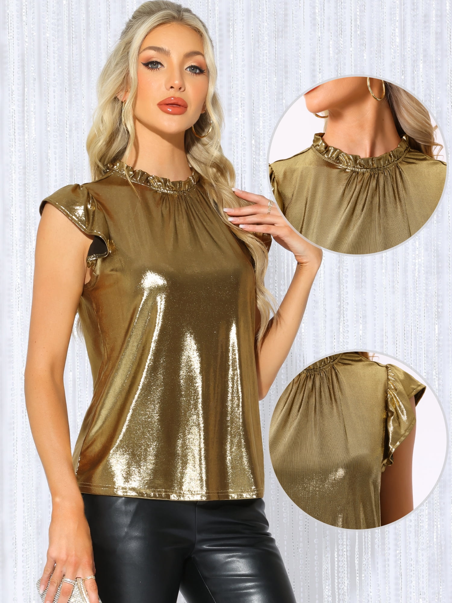 DARING DIVA Women's Metallic Shiny Cap Sleeve Ruffled Neck Blouse S Gold