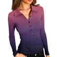 thumbnail image 2 of Womens Deep V Neck Long Sleeve Gradient Color Tops Collared Button Down Slim Fitted Polo Shirts Casual Work Tees Purple 2XL, 2 of 6
