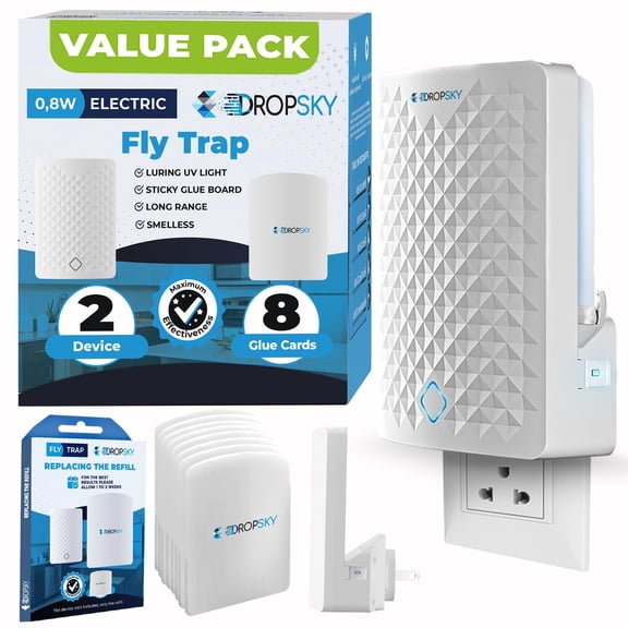 Dropsky Indoor Flying Insect Trap - Plug-in Bug Light Trap for Fruit Flies, Gnats and Houseflies - Odorless and Mess Free (2 Traps 8 Glue Cards)