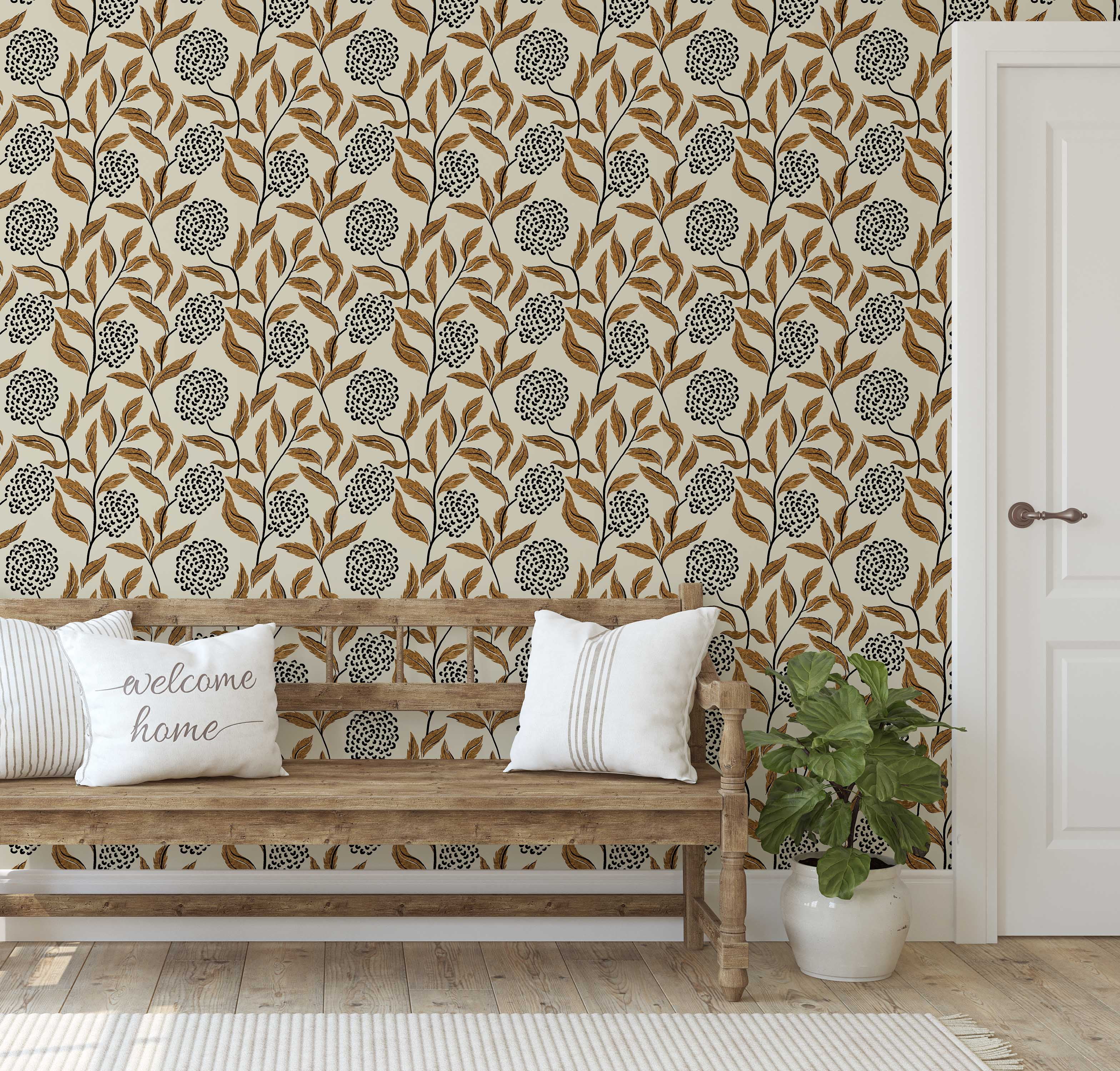 S4Sassy Peel and Stick Wall Covering, Chic Botanical Cluster Print Removable Walls Wrap - Beige Instant Wall Makeover Walls Mural for Bathroom, Laundry Room - Self-Adhesive Wallpaper Vinyl - 25"x60"