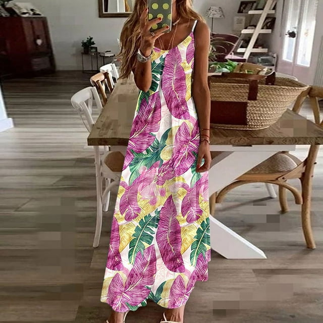 Ovzne Robes Grande Taille pour Femmes Courbes Robe d'Été pour Femmes Imprimé Sans Manches Col Rond Robe Décontractée Longue Robe Maxi Grande Taille Imprimée Liquidation