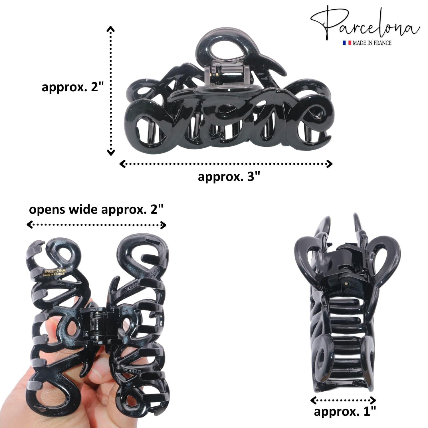 Parcelona French Love Medium 3" Shell and Black Celluloid Hair Claw Clips(2 Pcs)