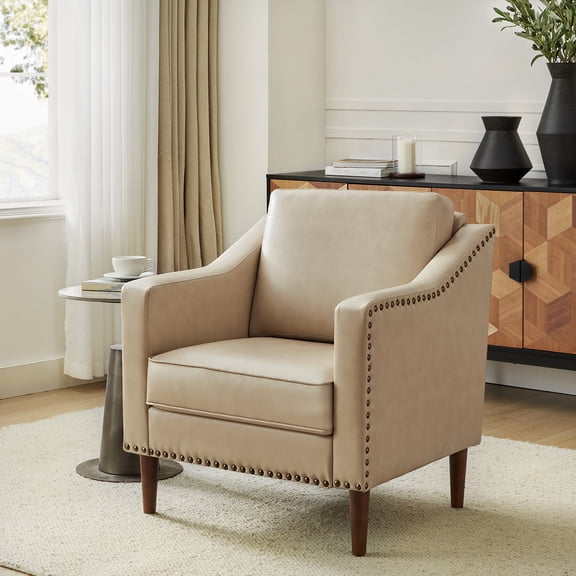 Upholstered Accent Chair Faux Leather Armchair Removable Cushion Lounge Sofa Nailhead Solid Wood Legs Living Room Beige
