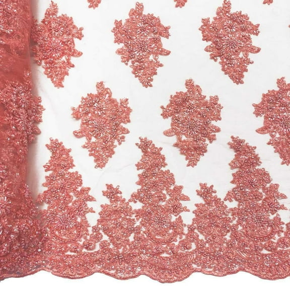 Spruce Bridal Lace Sequins Beaded Scallop Fabric for Dresses 52’’ BTY (Coral)