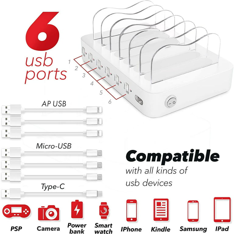Charging Station for Multiple Devices 5 Ports with 6 Mixed Charging Cables  Multi USB Charger Station Organizer for Cell Phones Tablets Tab Electronics