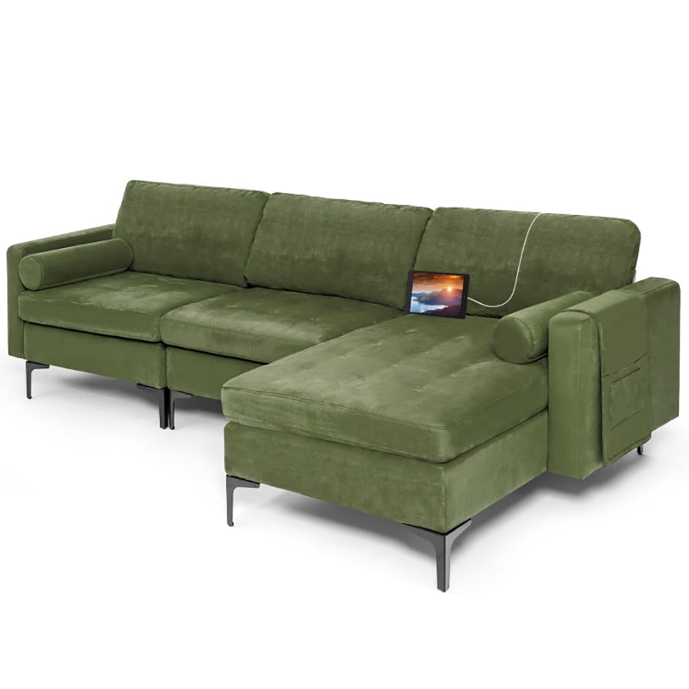 Finihen L-Shaped Sectional Sofa Couch, Sofa Bed, Modular L-shaped 3-Seat Sectional Sofa with Reversible Chaise and 2 USB Ports, for Living Room, Army Green Finihen L-Shaped Sectional Sofa Couch, Sofa Bed, Modular L-shaped 3-Seat Sectional Sofa with Reversible Chaise and 2 USB Ports, for Living Room, Army Green
