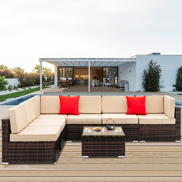 Clearance! Patio Outdoor Furniture Sets, 7 Pieces All-Weather Rattan