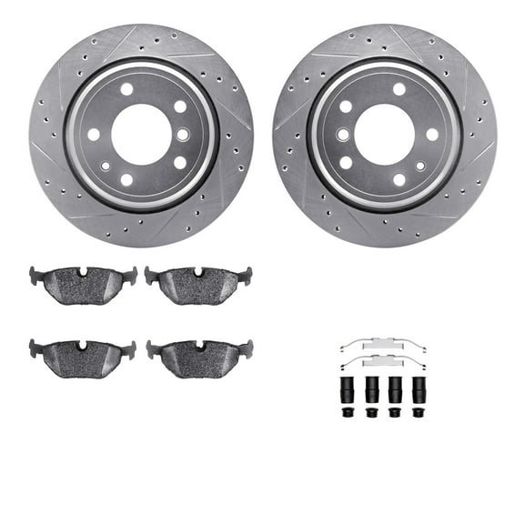 Dynamic Friction Company Rear Brake Rotors-Drilled and Slotted-Silver with 5000 Euro Ceramic Brake Pads includes Hardware 7612-31032