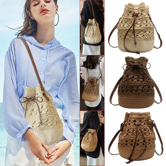 Straw Bucket Bag for Women, Summer Woven Beach Bag Drawstring Hobo Bucket Purses Handbag for Vacation