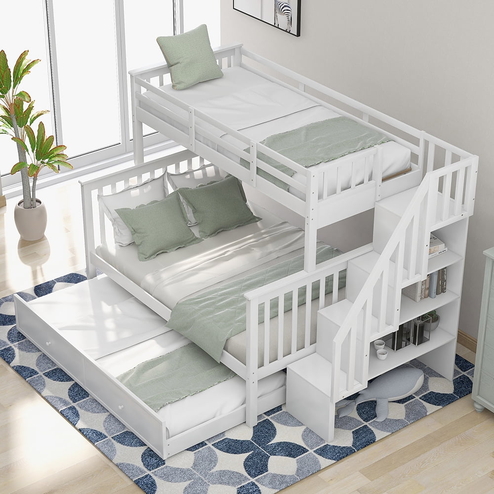 Twin-Over-Full Bunk Beds with Storage and Guard Rail, Bunk Bed for Bedroom, White